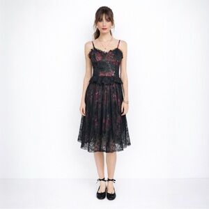 Pearl by Marchesa Whimsigoth Dress Black Red Floral Lace Romantic Corset Midi